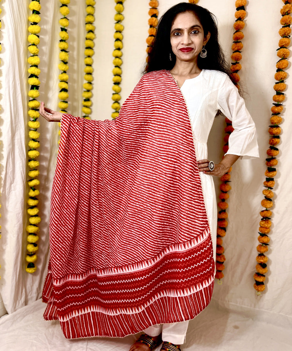 Red mul cotton hand block printed dupatta