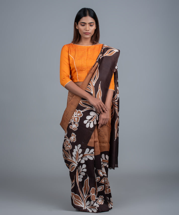 Brown mulberry silk hand painted batik saree