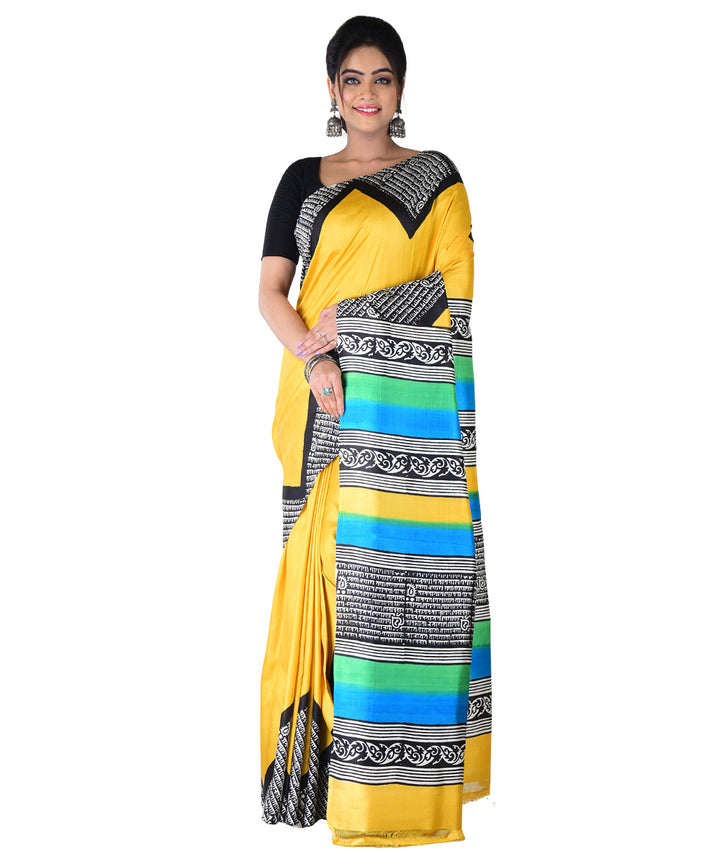 Yellow multicolor silk hand printed saree