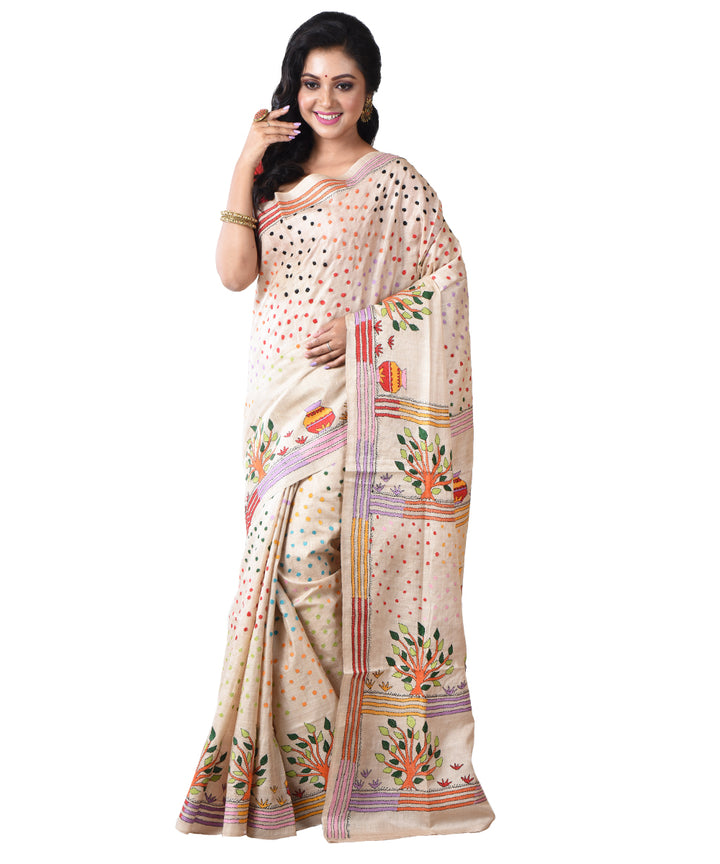 Beige floral tussar silk hand kantha stitchedsaree