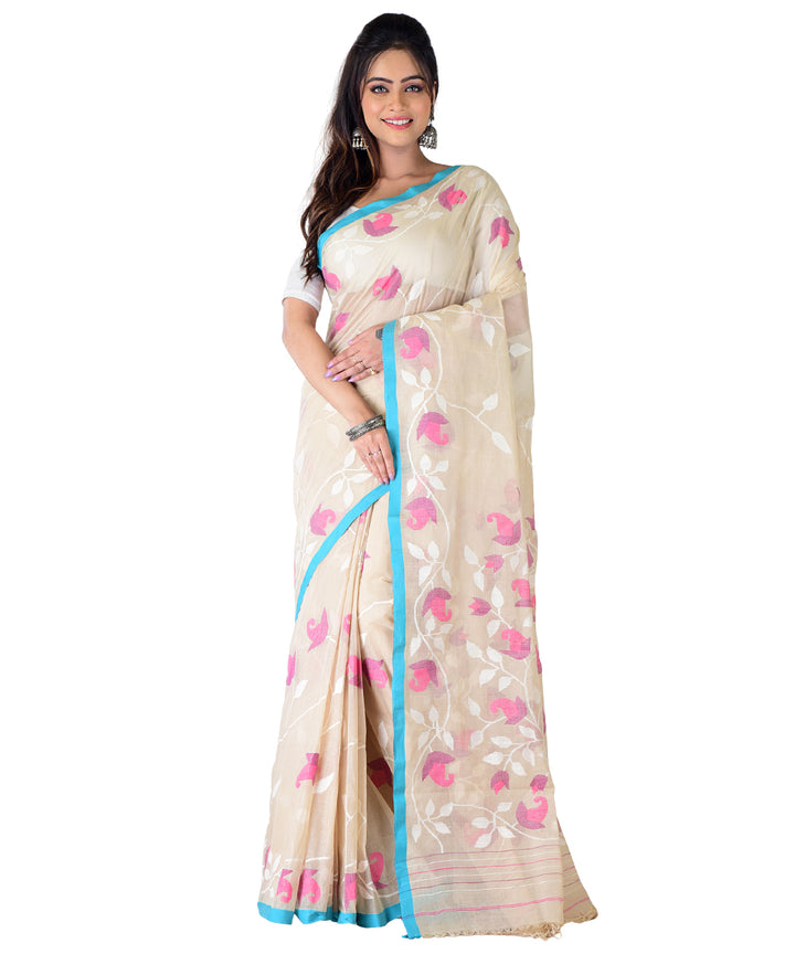 Beige sky blue multicolor handwoven cotton saree