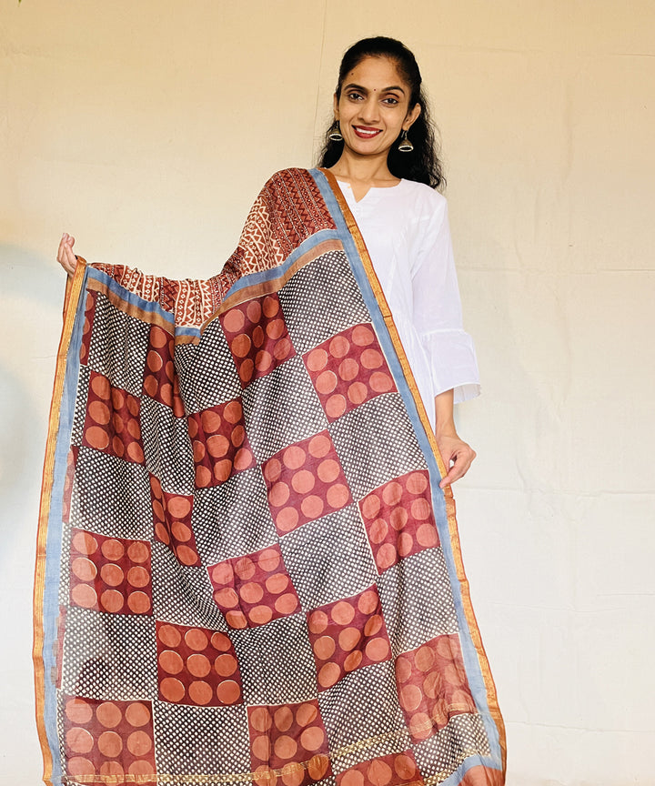 Maroon hand block printed chanderi silk dupatta