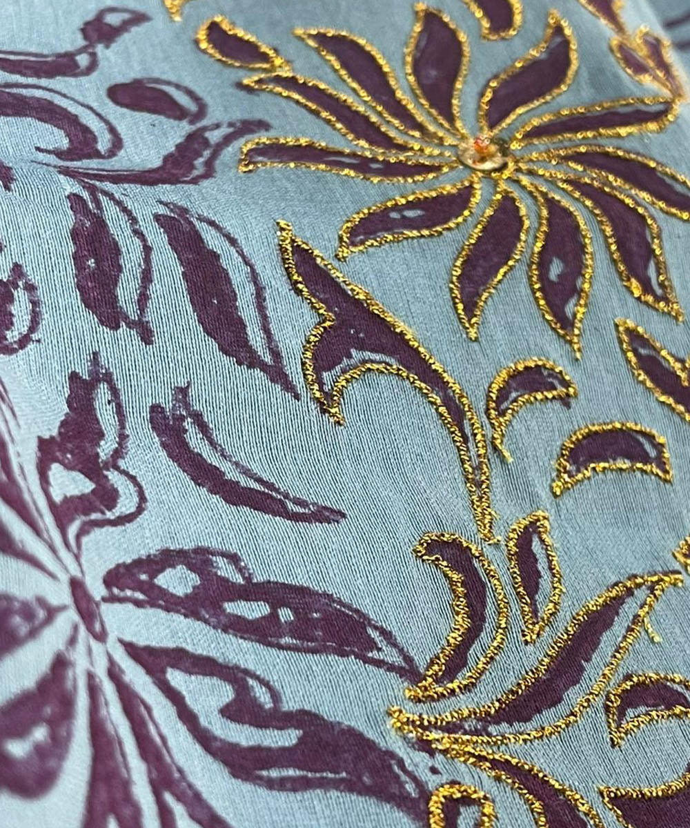 Cyan blue pink hand embroidered chanderi silk saree