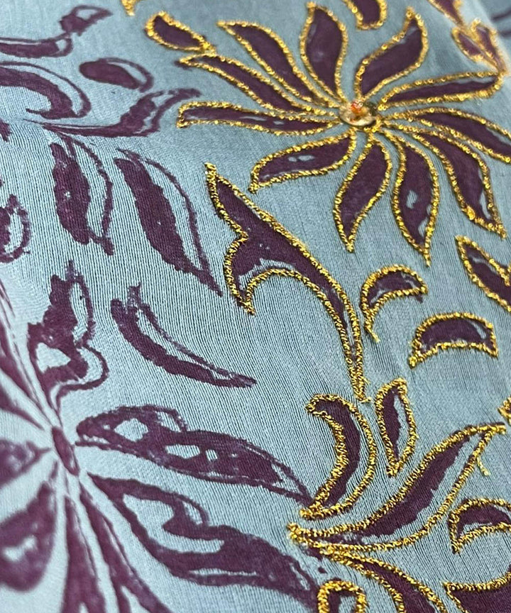 Cyan blue pink hand embroidered chanderi silk saree