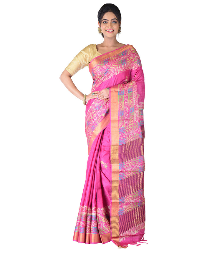Pink hand printed tussar silk saree