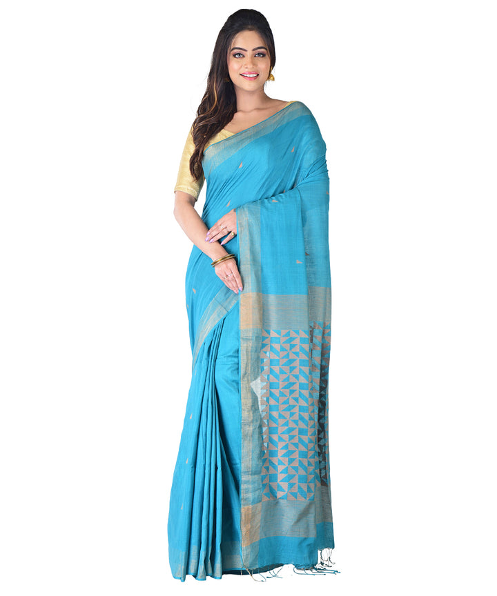 Cyan blue handwoven cotton silk saree