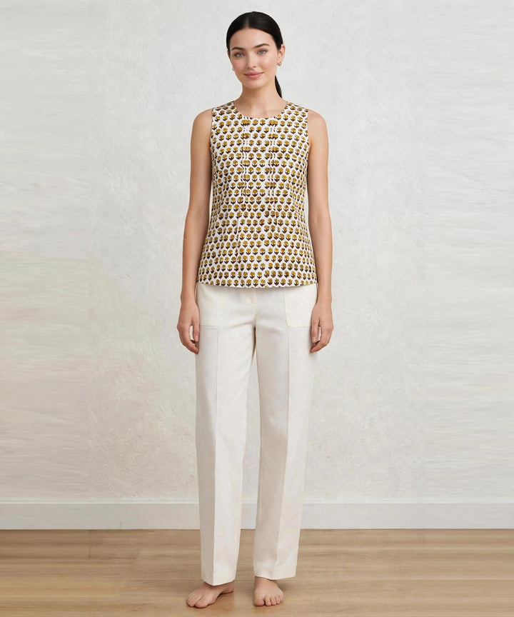Off white floral hand blook printed cotton short top