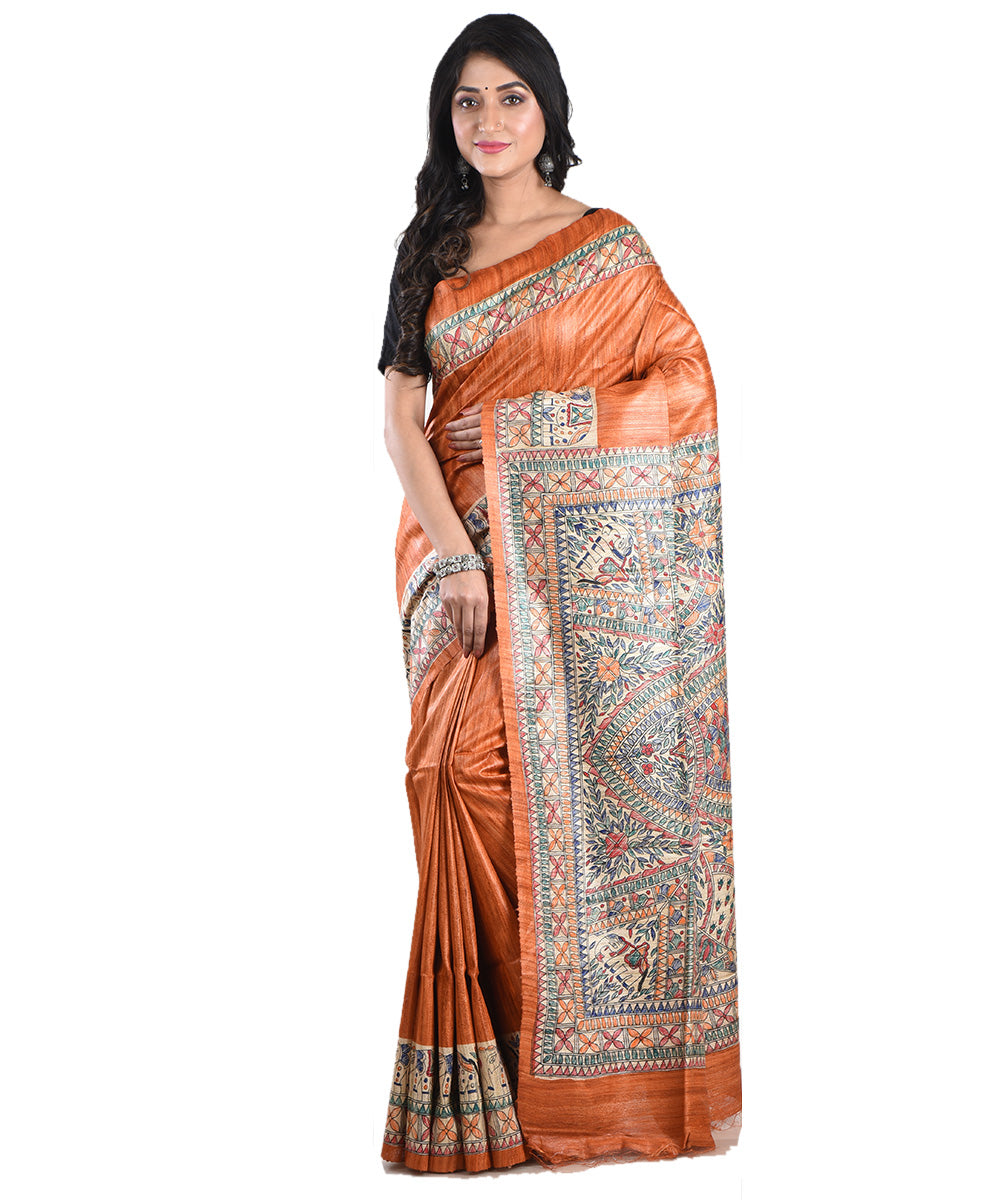Orange multicolor handwovwn tussar silk madhubani painting saree