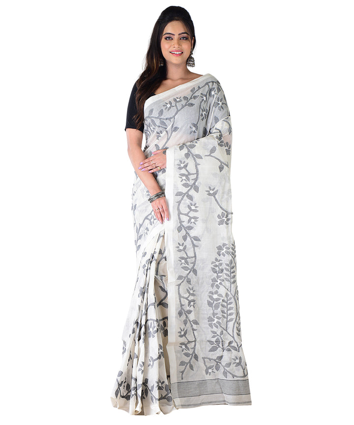White black handwoven cotton saree