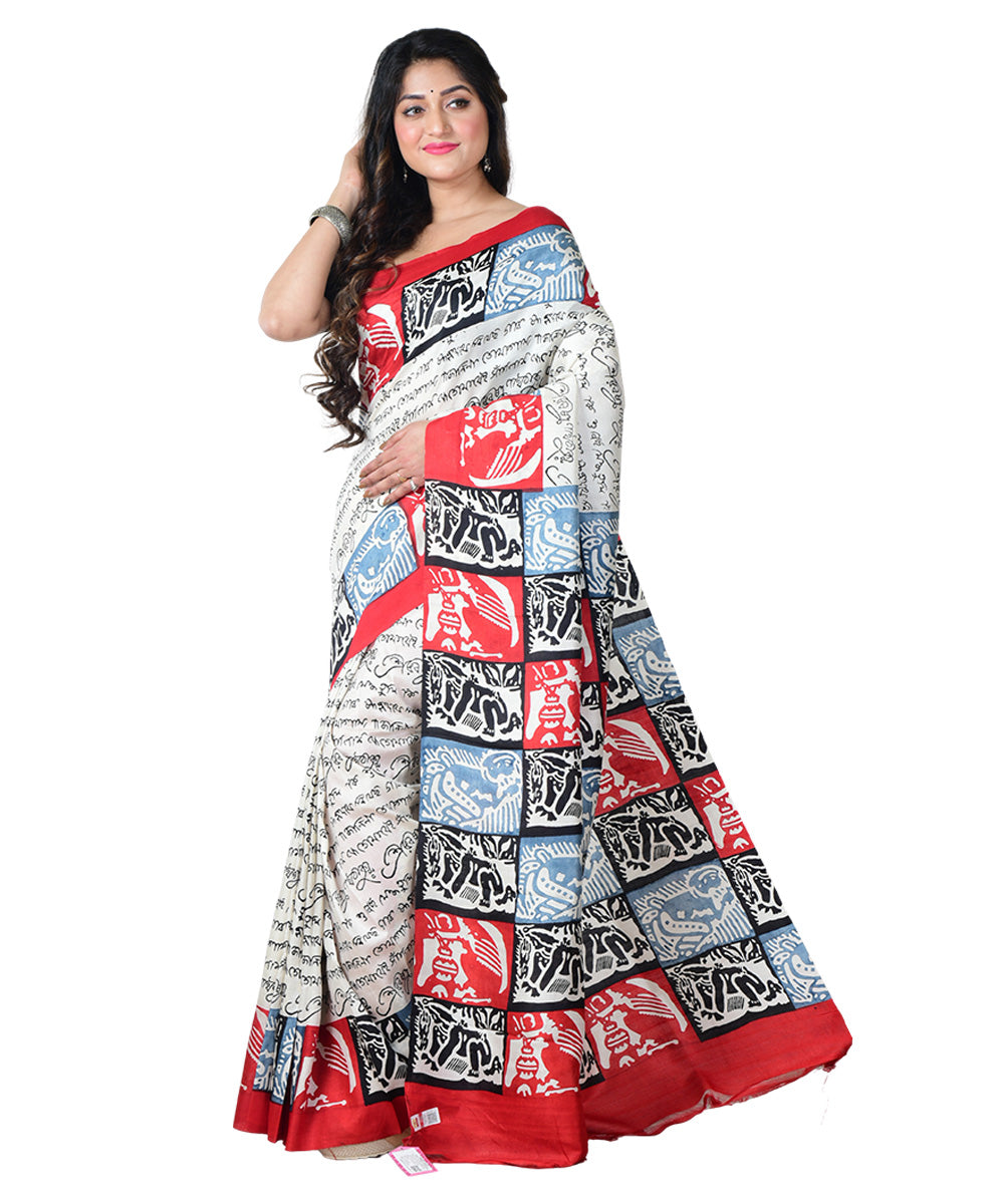 White multicolor block print handprinted silk saree