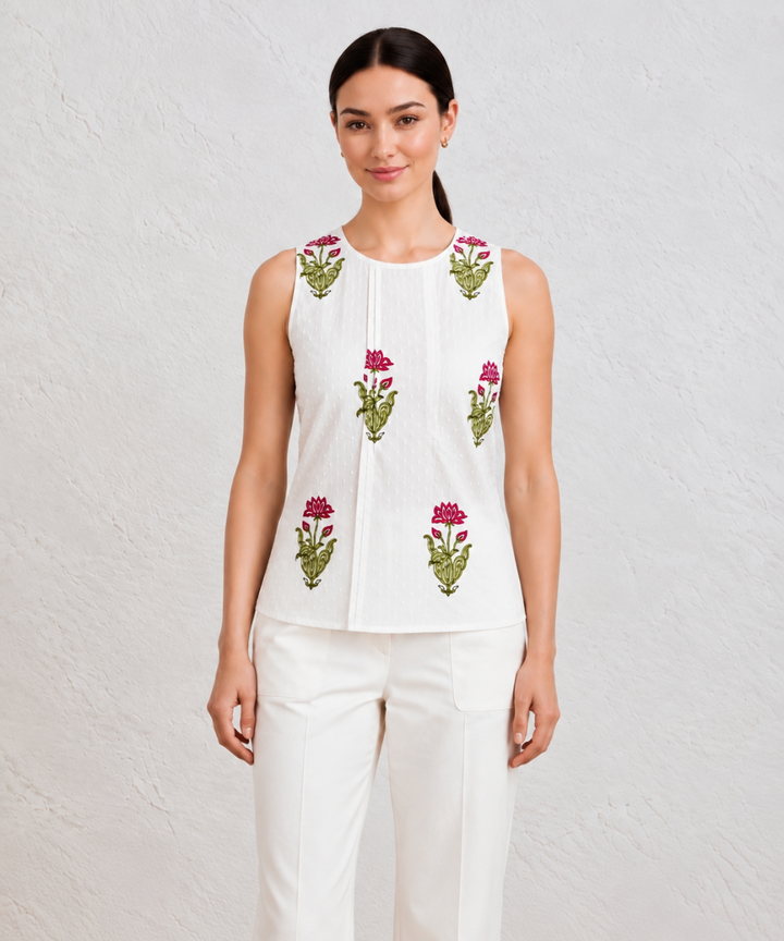 Pink white hand block printed cotton sleevless top