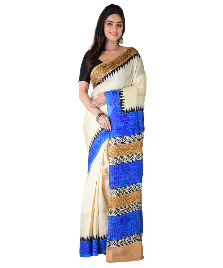 White navy blue hand printed silk saree