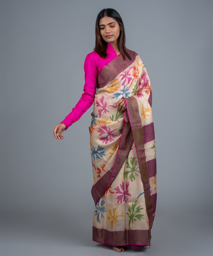 Cream mulberry silk hand painted batik saree