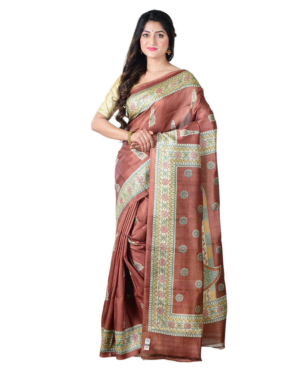 Brown multicolor  handprinted silk saree