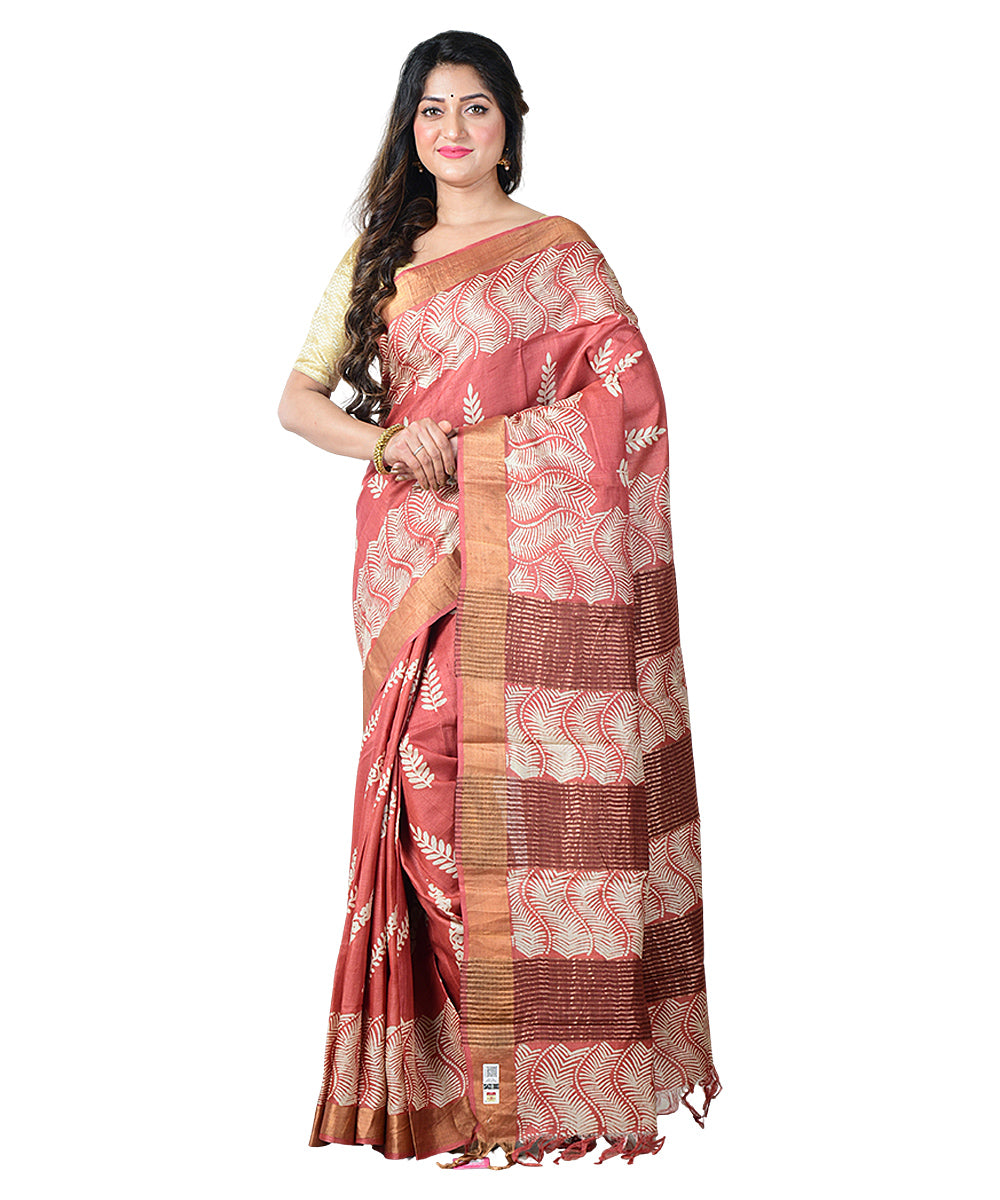 Red white block print handprinted tussar silk saree