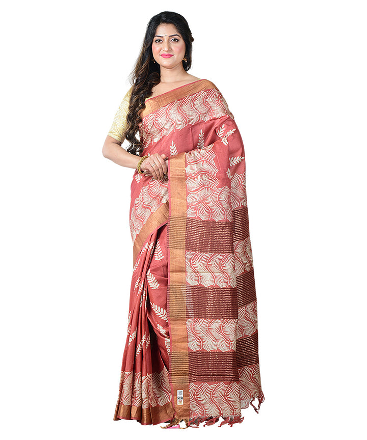 Red white block print handprinted tussar silk saree
