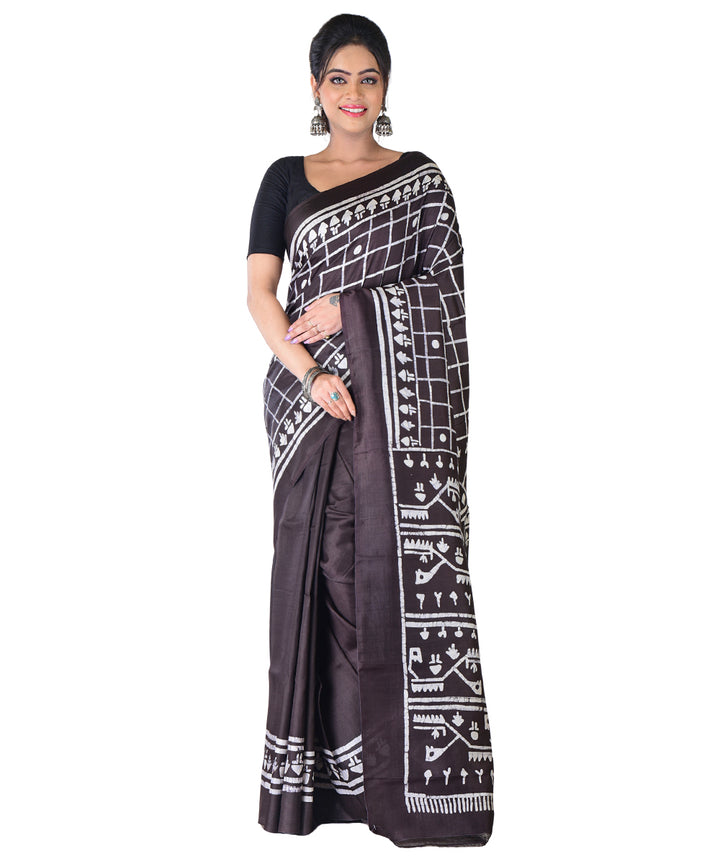 Black white hand batik printed silk saree