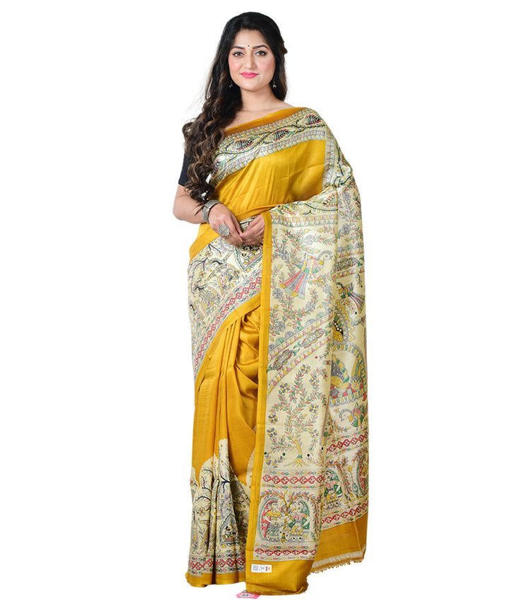 Yellow multicolor block print handprinted silk saree