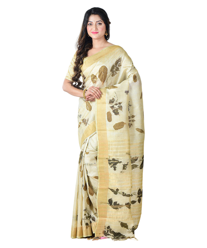 Beige brown  handprinted silk saree