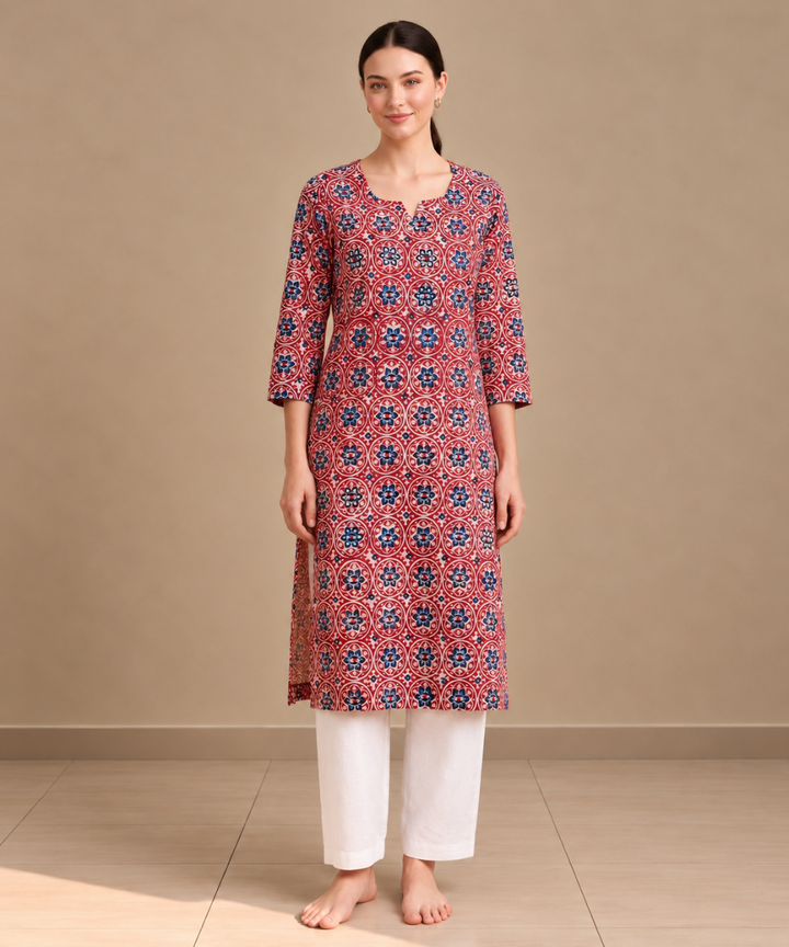 Red blue ajrakh hand block printed pure cotton kurti