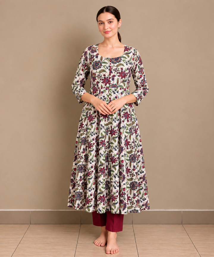 Marron white hand block printed Anarkali cotton Kurta set