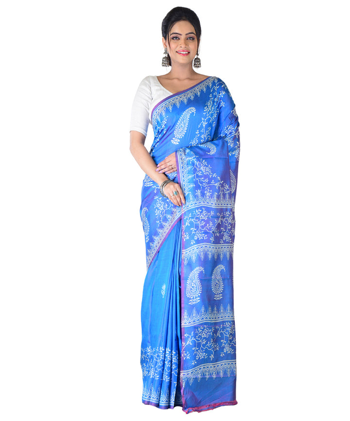 Navy blue white hand printed silk saree