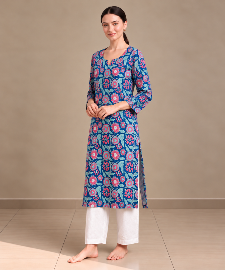 Blue hand block printed pure cotton kurti