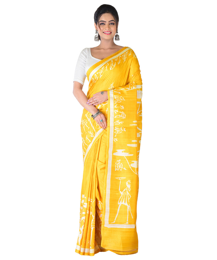 Yellow white hand printed silk saree