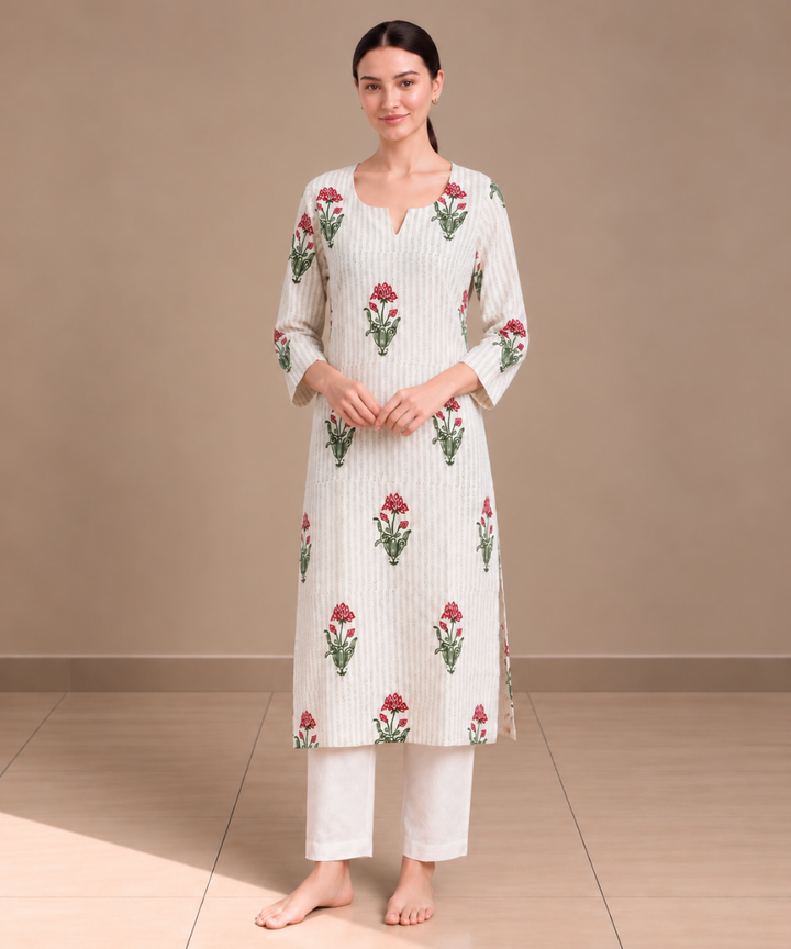 Off white red lotus hand block printed pure cotton kurti