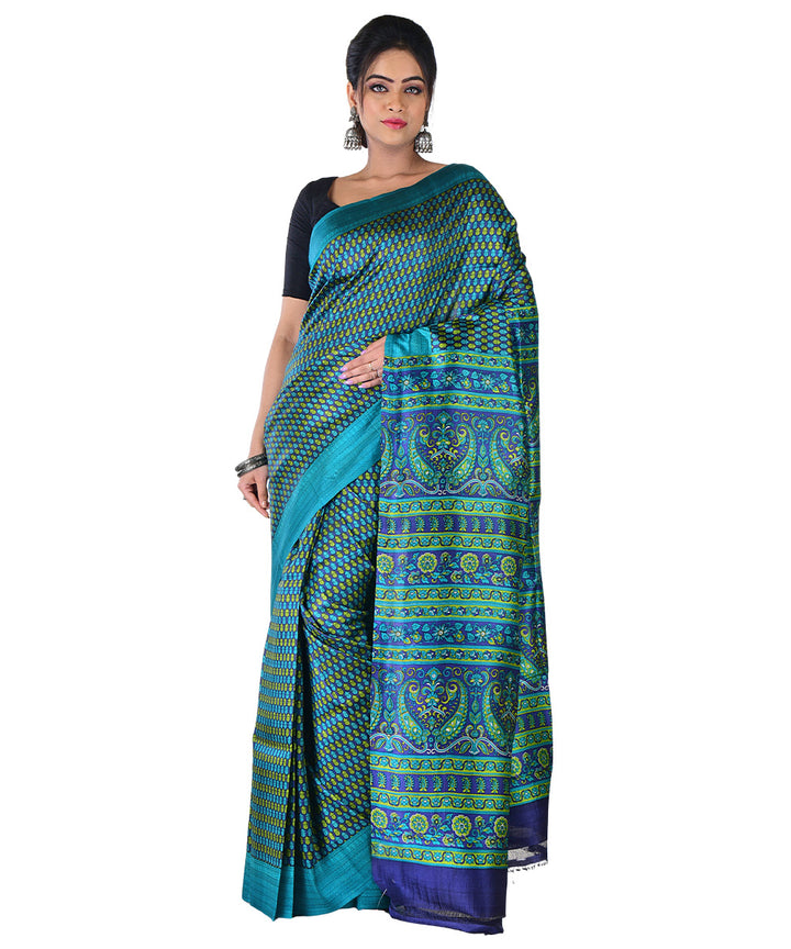 Dark green multicolor hand printed silk saree