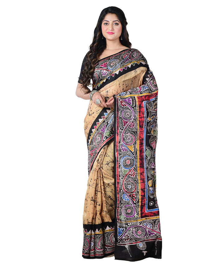 Beige brown batik print handprinted silk saree
