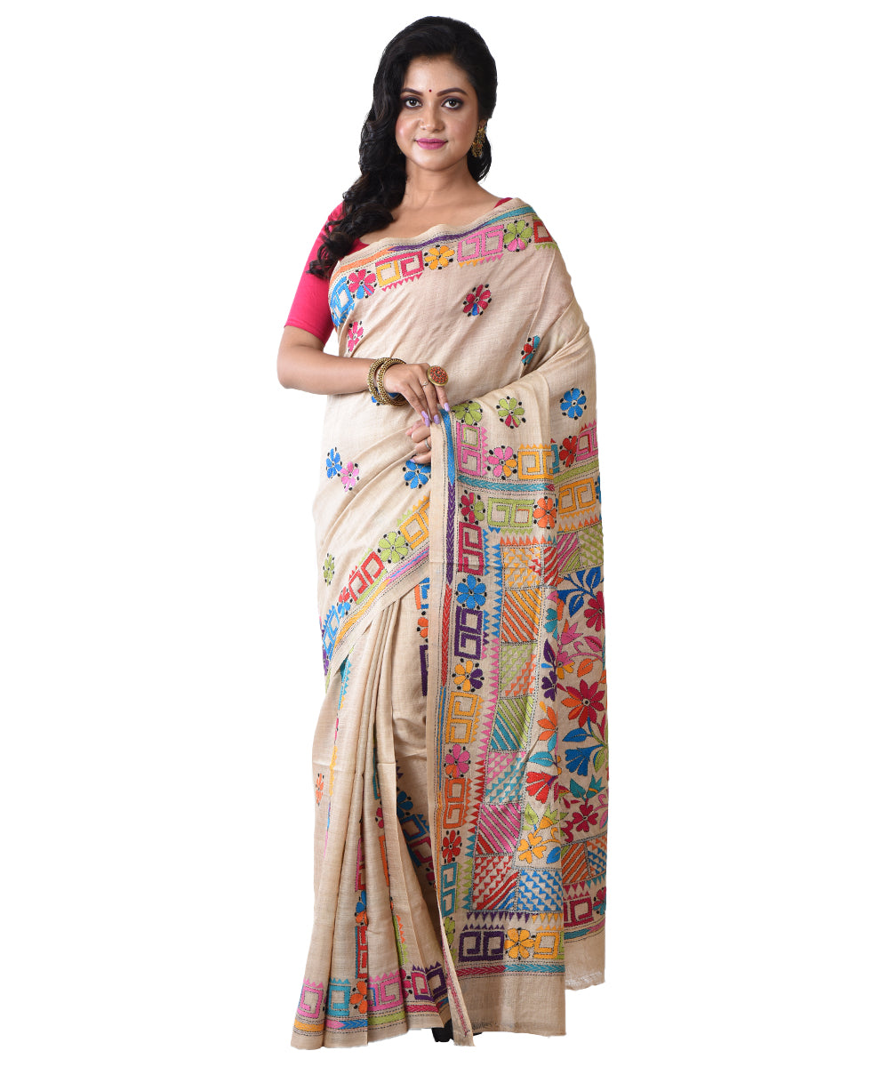 Beige multicolor hand kantha stitched tussar silk saree