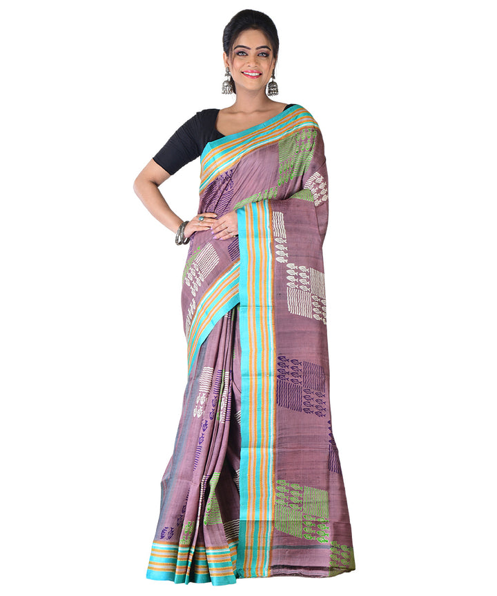 Brown light green hand printed silk saree