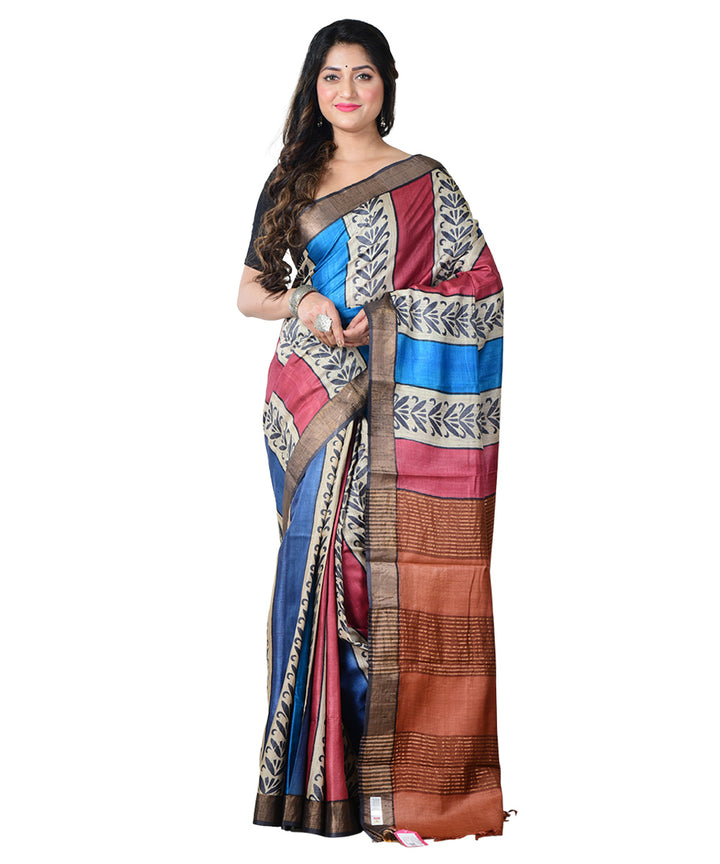 Multicolor cyan blue block print handprinted tussar silk saree