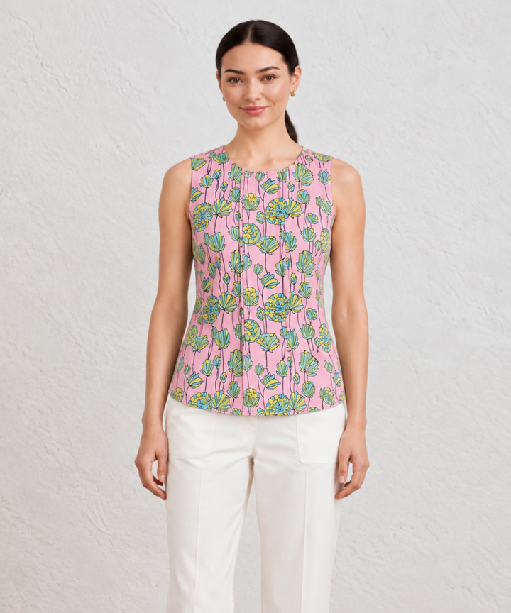 Pink floral hand block printed cotton sleevless top