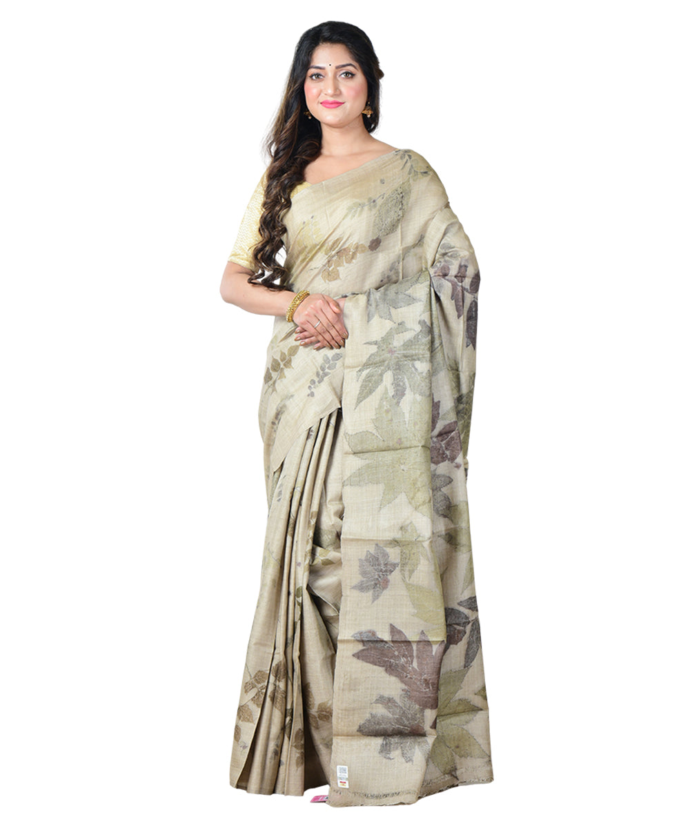 Beige grey  handprinted tussar silk saree