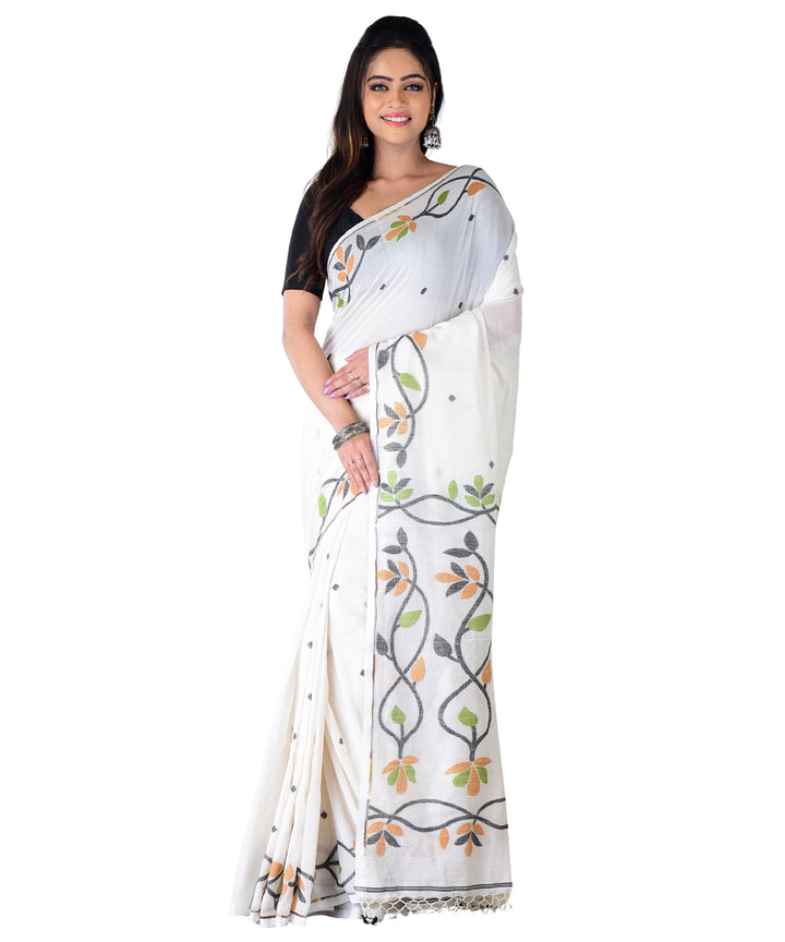 White multicolor handwoven cotton saree