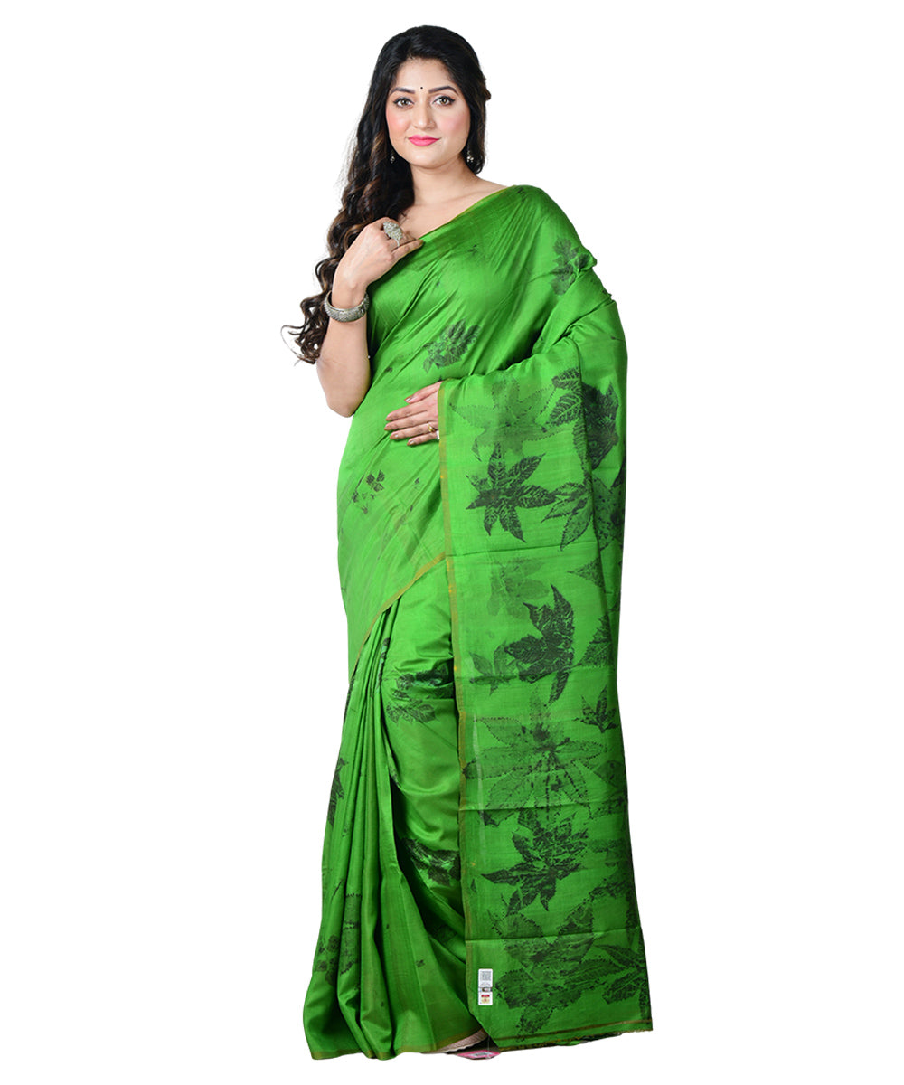 Dark green black  handprinted silk saree