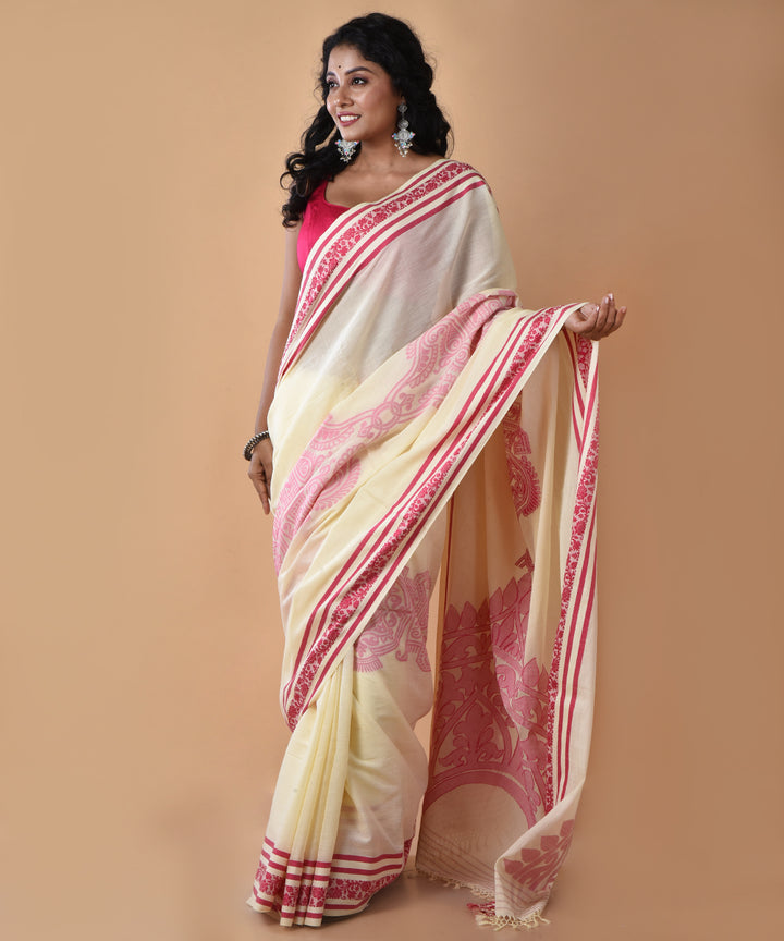 Cream red cotton handwoven jamdani saree