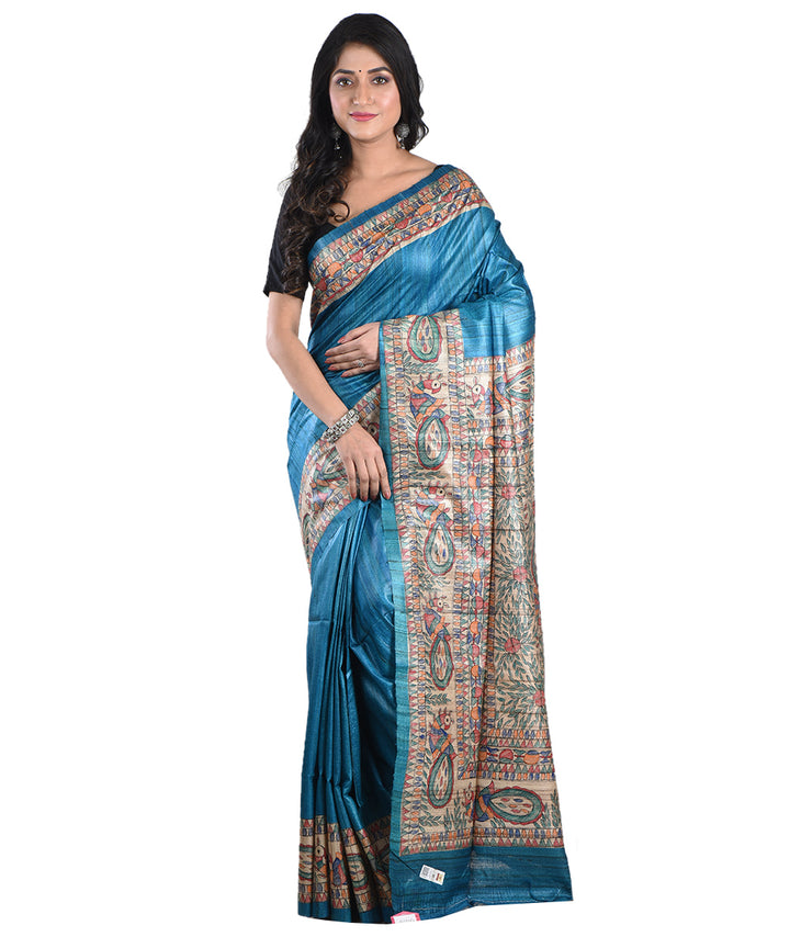 Sky blue multicolor handloom tussar silk madhubani painting saree