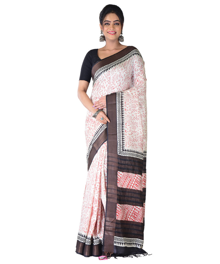 White multicolor hand printed silk saree
