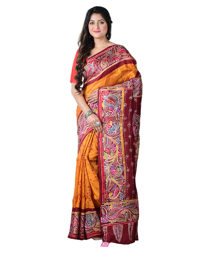 Mustard multicolor batik print handprinted silk saree