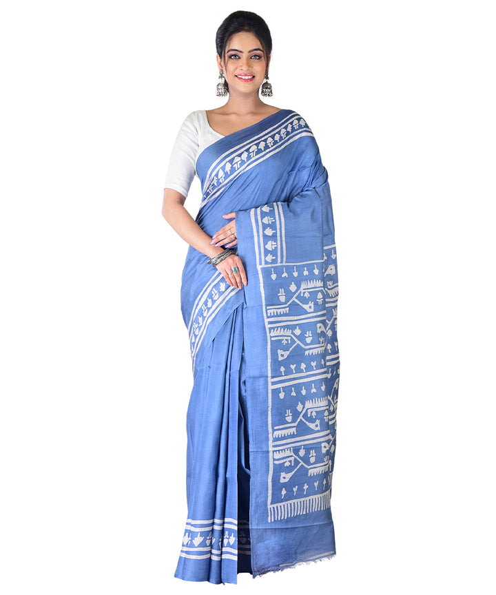 Grey offwhite hand batik printed silk saree