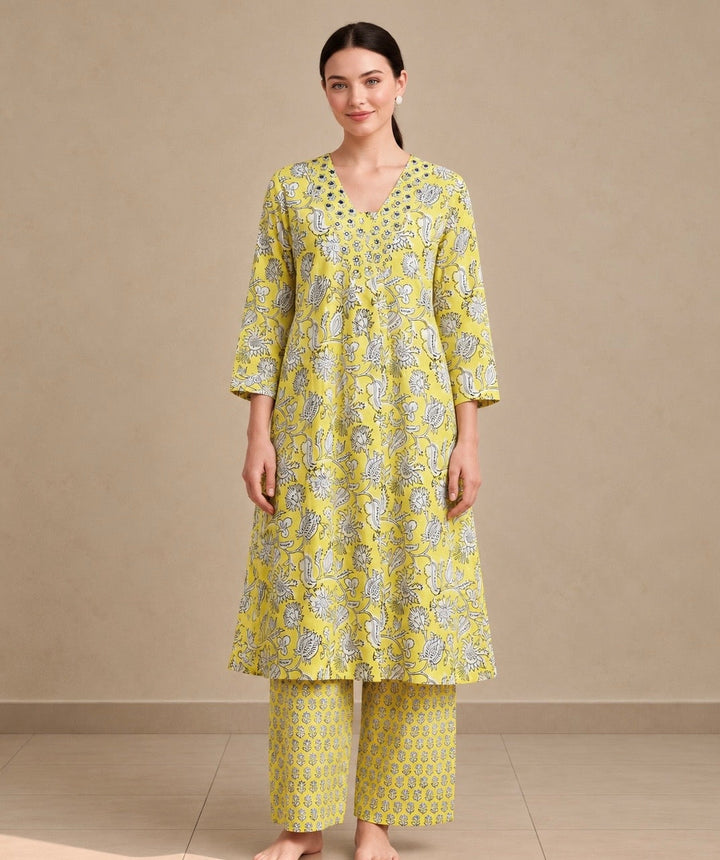 Lime green hand block printed A line cotton kurta set