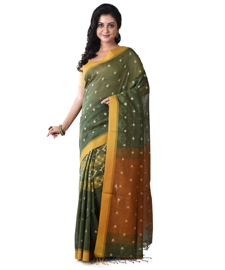 Dark green shantipuri handloom cotton saree