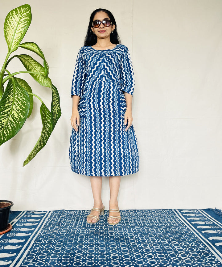 Indigo hand block printed cotton dress