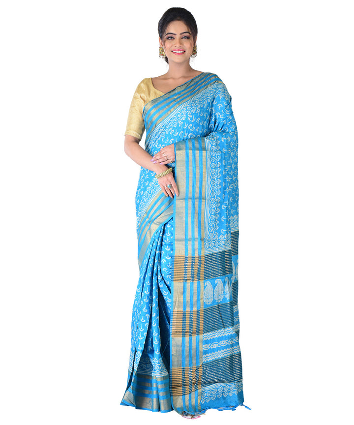 Cyan blue white hand printed tussar silk saree