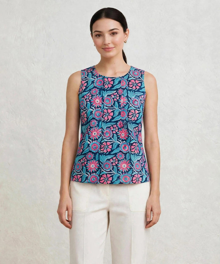 Blue floral hand block printed cotton sleevless top