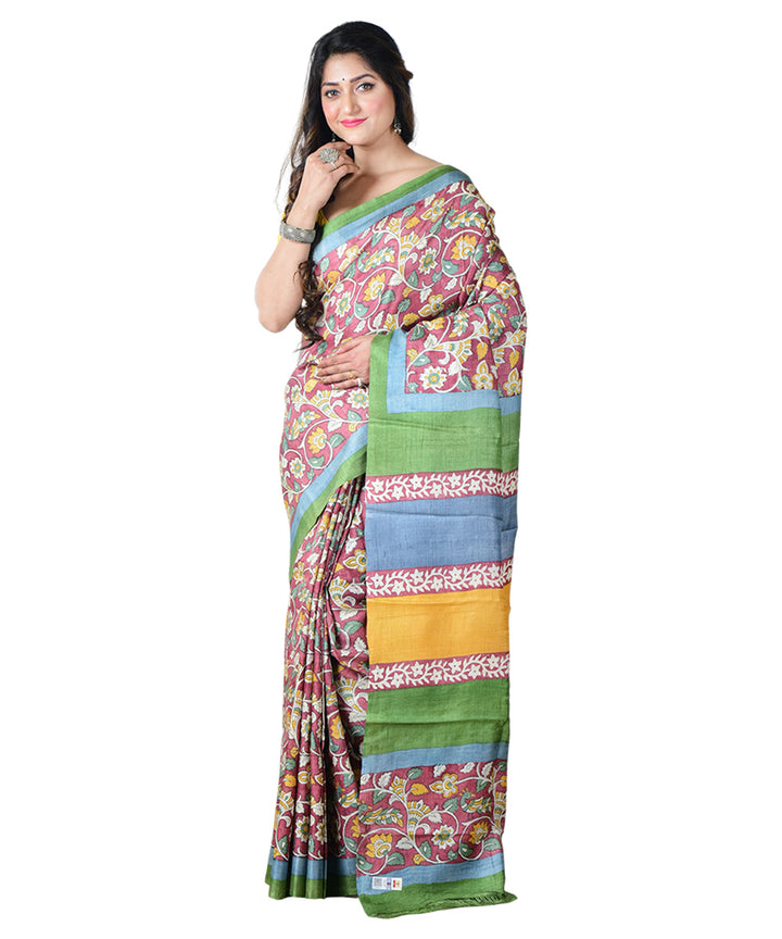 Multicolor maroon block print handprinted tussar silk saree