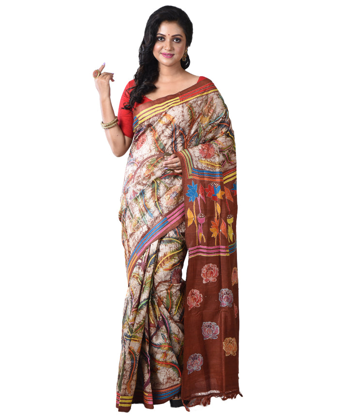 Multicolor brown hand kantha stitched tussar silk saree